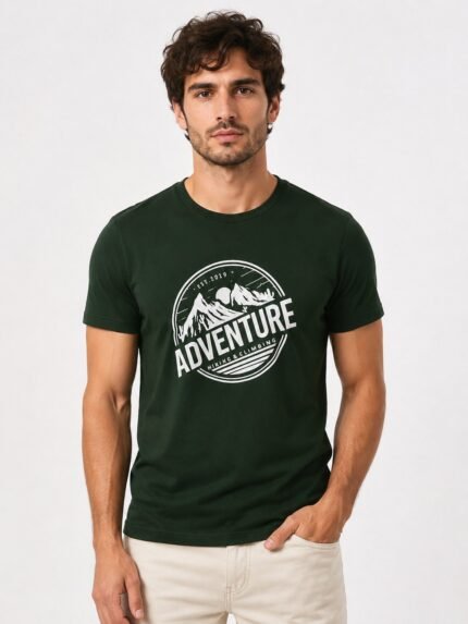 Stylish Dark Green Printed Half Sleeve T-Shirt Premium