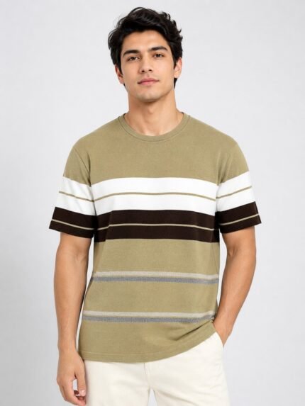 Stripe Cream Half Tshirt For Men Premium Casual