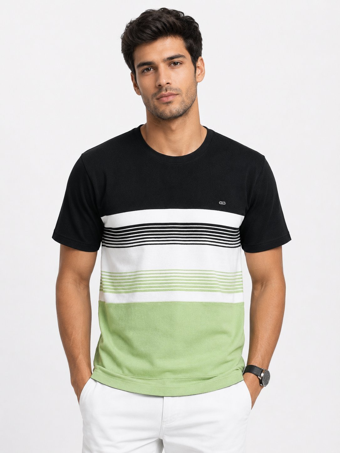Trendy Black & Green Stripe Half T-Shirt for Men Trendy Black & Green Stripe Half T-Shirt for Men