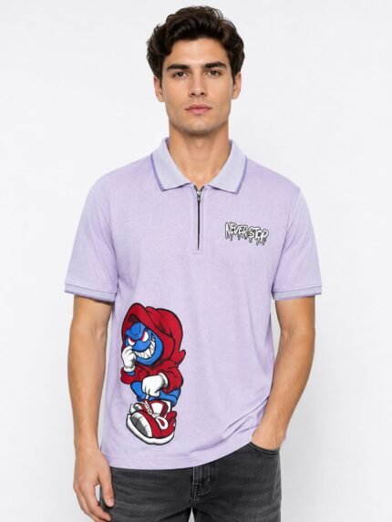 Lite Purple Zip Polo Half T-Shirt | Sporty Design