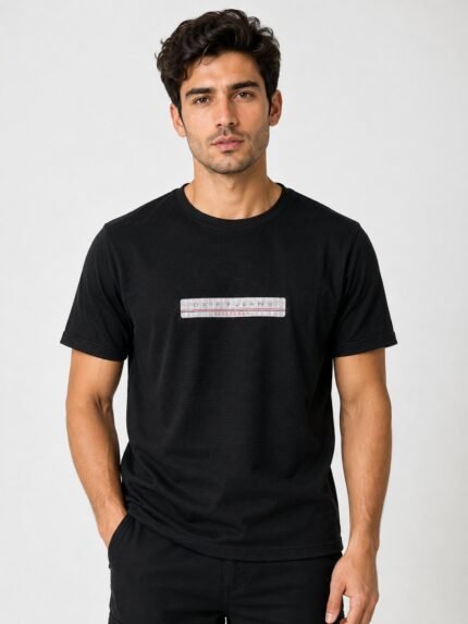 Black Plain Popcorn Half Sleeve T-Shirt for Men