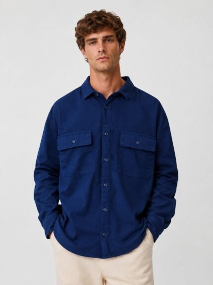 Stylish Navy Blue Plain Double Pocket Shirt Premium Cotton