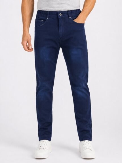 Navy Blue Denim Track Pants Stretch Comfort Joggers
