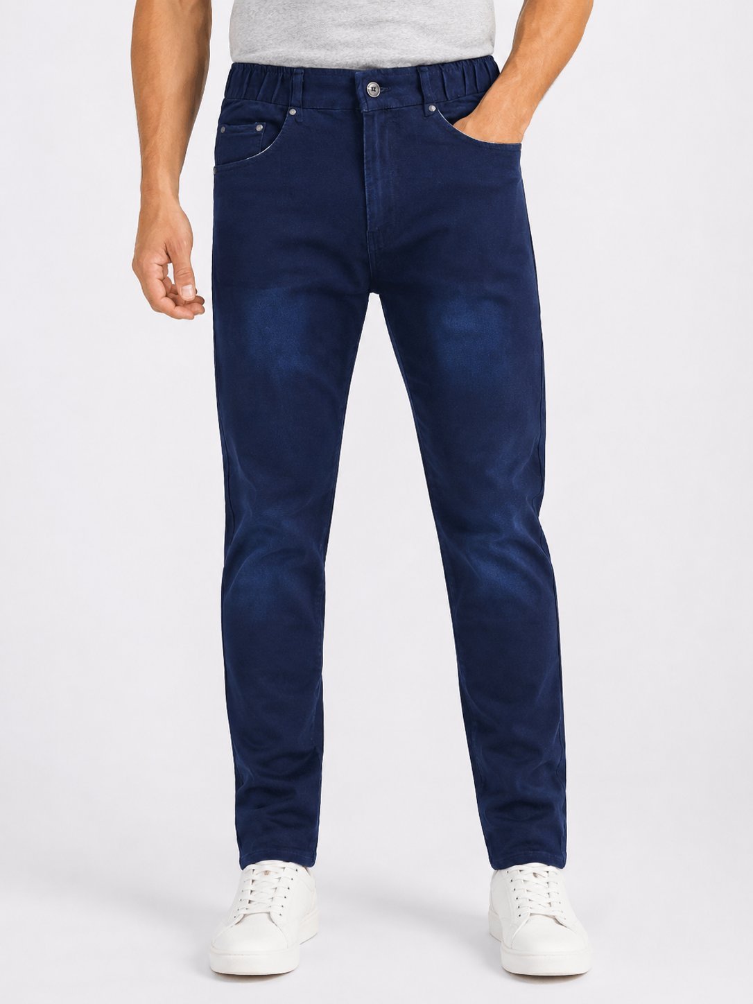 Navy Blue Denim Track Pants Stretch Comfort Joggers Navy Blue Denim Track Pants Stretch Comfort Joggers
