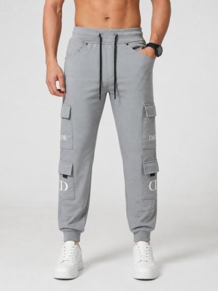 Elastic Waist Lite Grey Cotton Track Pants Slim Tapered Fit