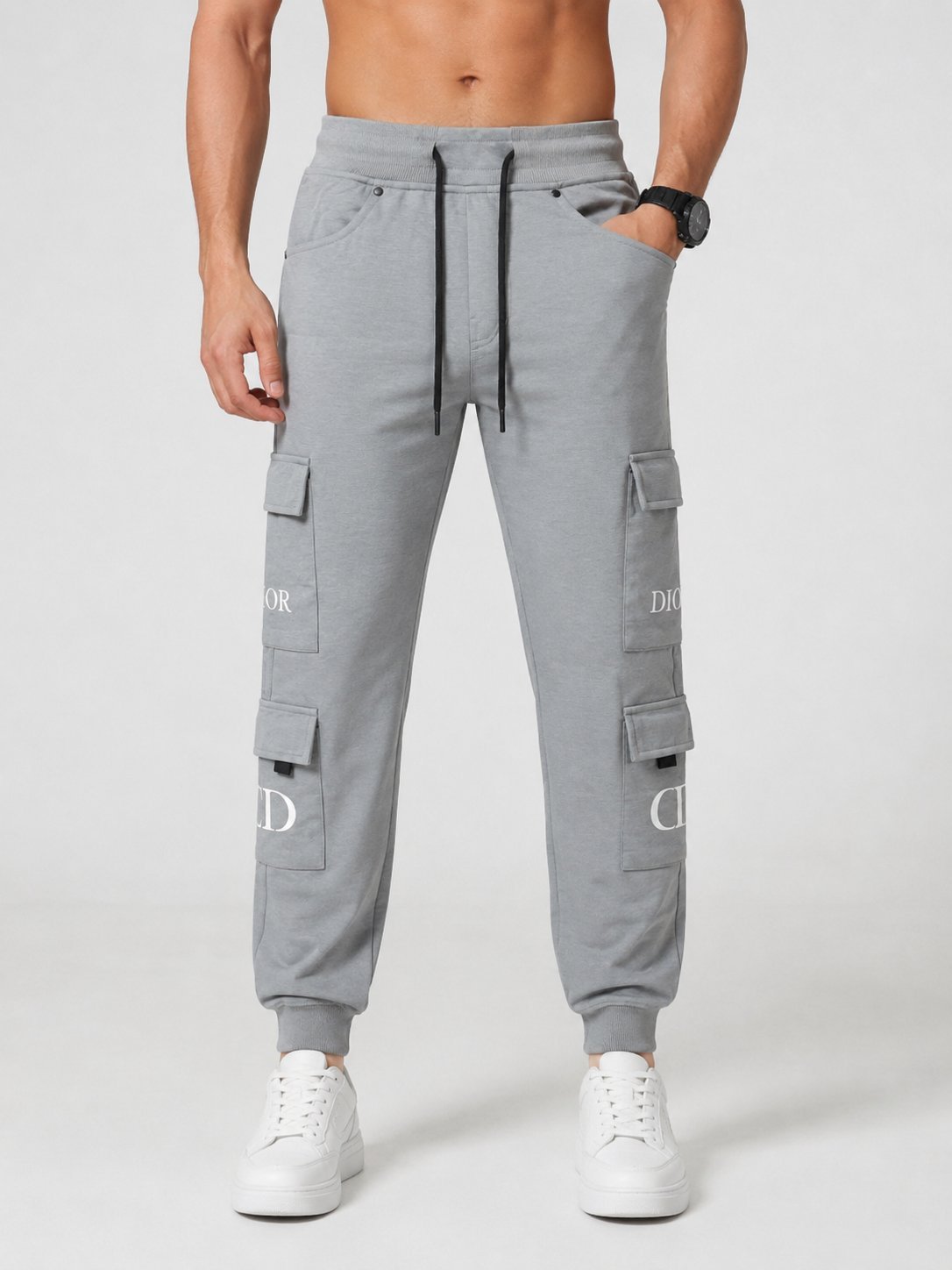 Elastic Waist Lite Grey Cotton Track Pants Slim Tapered Fit Elastic Waist Lite Grey Cotton Track Pants Slim Tapered Fit