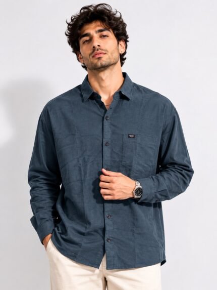 Trendy Navy Blue Plain Shirt for Men Versatile