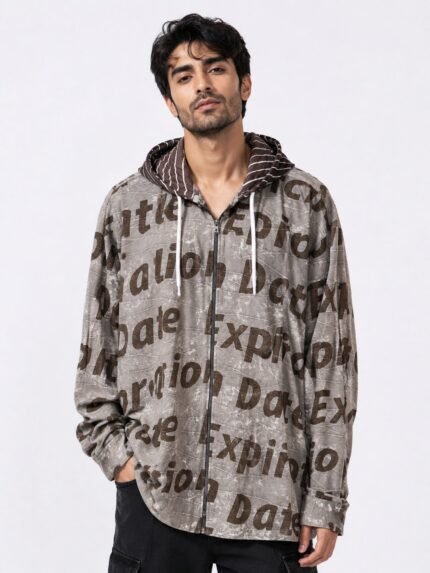 Printed Cream Hooded Full Shirt for Men - Street Style