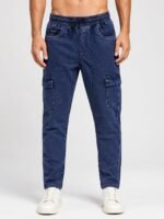 Navy Blue Denim Track Pants for Men & Casual Comfort
