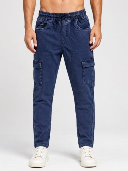 Navy Blue Denim Track Pants for Men & Casual Comfort