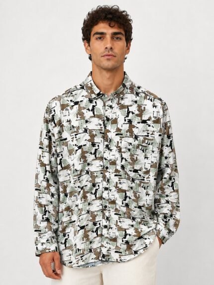 Digital Printed Dark Cream Shirt Trendy Casual Wear