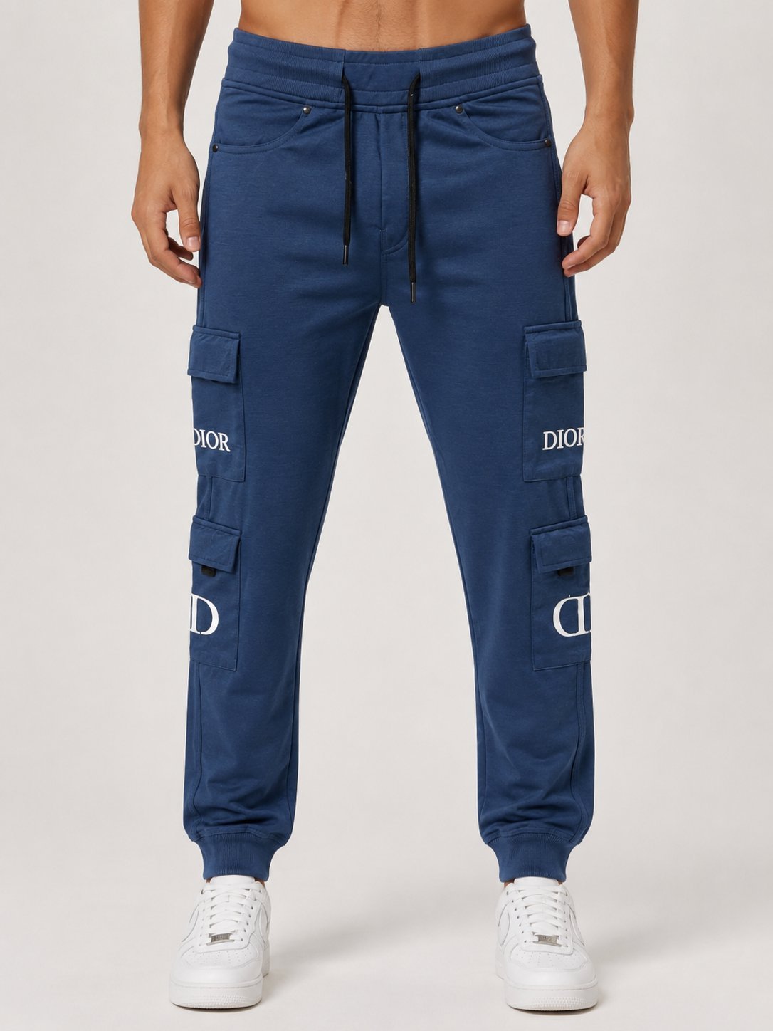 Tapered Fit Navy Blue Cotton Track Pants Elastic Waist Tapered Fit Navy Blue Cotton Track Pants Elastic Waist