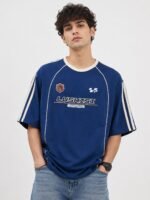 Classic Dark Blue Oversize Printed T-Shirt for Men
