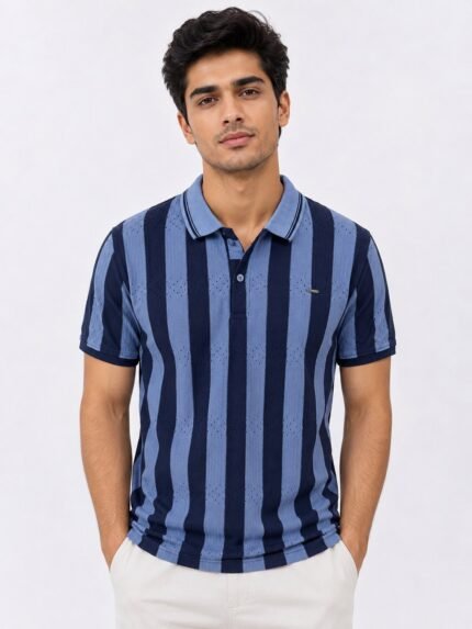 Stylish Blue Stripe Polo Half T-Shirt for Men
