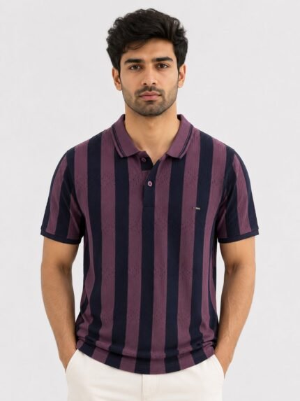 Classic Dark Purple Stripe Polo Half T-Shirt for Men