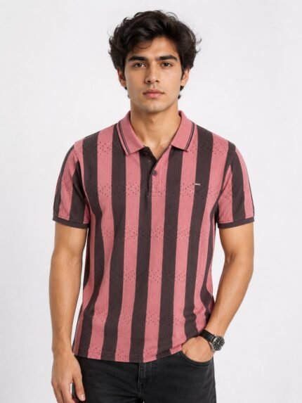 Classic Pink Stripe Polo Half T-Shirt for Men