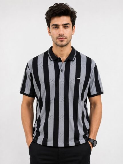 Stylish Lite Grey Stripe Polo Half T-Shirt for Men