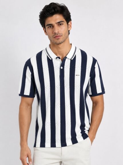 Classic White Stripe Polo Half T-Shirt for Men